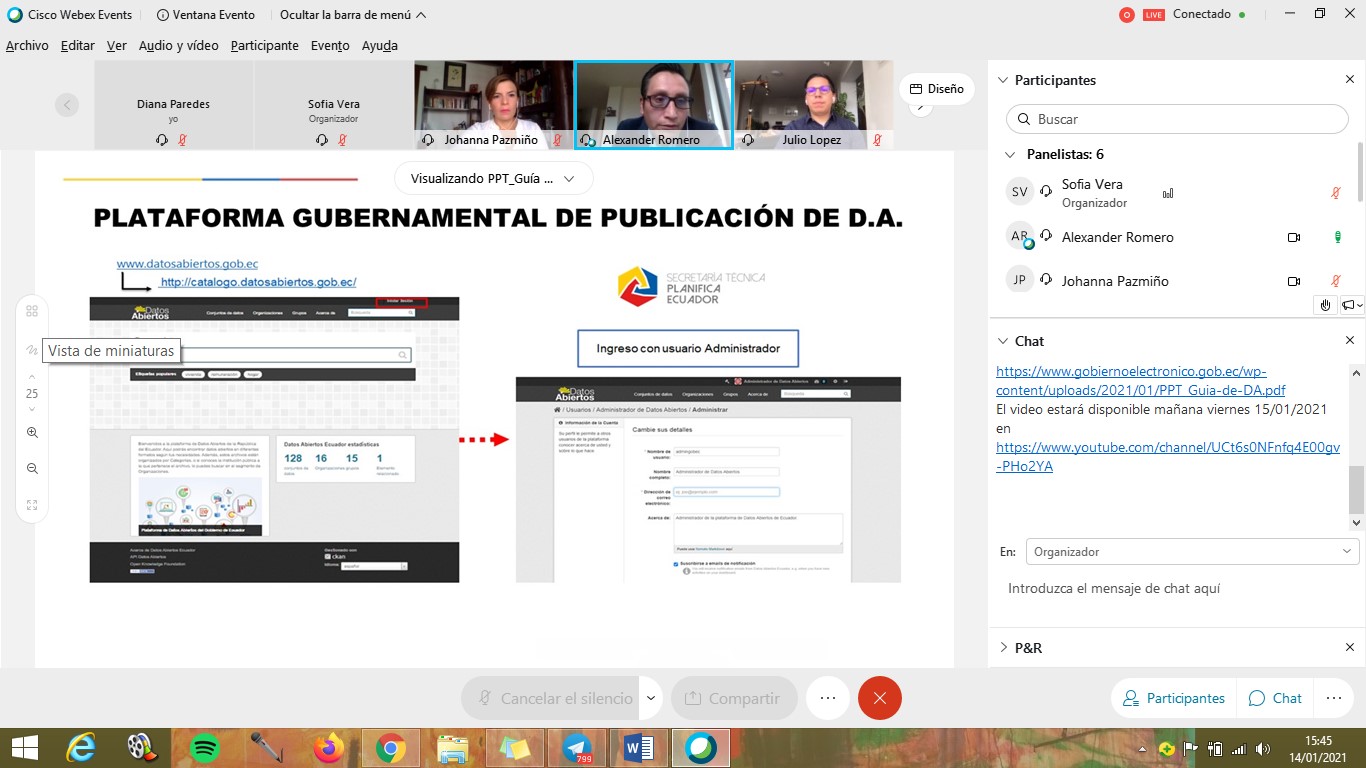 Durante el webinar, el responsable de Planifica Ecuador realizó un ejemplo de cómo subir la información al portal.