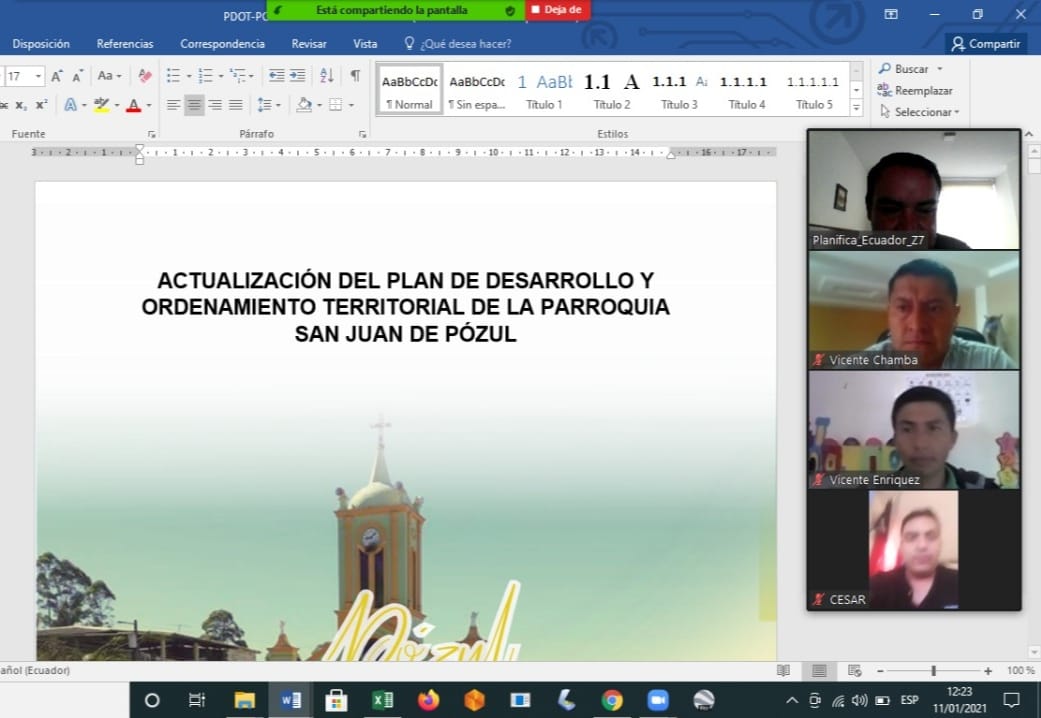 Durante la reunión virtual, los técnicos de Planifica Ecuador respondieron inquietudes del GAD Parroquial de San Juan de Pózul, correspondiente al cantón Celica.